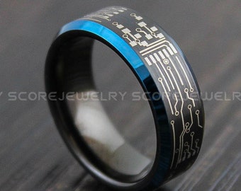 Circuit Board Ring, Gamer Ring, 8mm Black Tungsten Band with Blue Beveled Edge Circuit Board Pattern Ring, 8mm Black Tungsten Wedding Ring