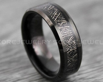 Meteorite Ring, 8mm Black Tungsten Ring with Black Meteorite Inlay, Black Tungsten Meteorite Ring with Imitation Meteorite Texture Inlay
