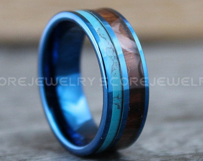 Turquoise Ring, Turquoise Wedding Band, 8mm Blue Tungsten Band with Wood and Turquoise Inlay, Turquoise Wedding Ring, Turquoise Band