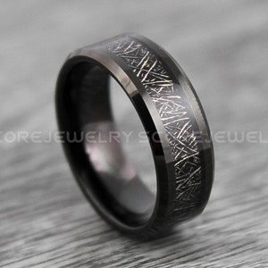 Meteorite Ring, 8mm Black Tungsten Ring with Black Meteorite Inlay, Black Tungsten Meteorite Ring with Imitation Meteorite Texture Inlay