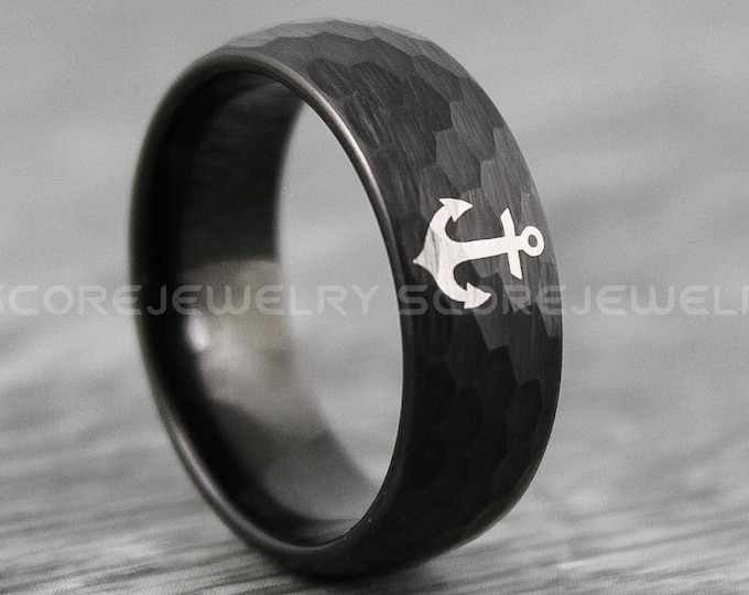 Anchor Ring, Nautical Ring, Hammered Ring, Black Tungsten Band with Hammered Finish Anchor Wedding Ring, Black Nautical Wedding Ring