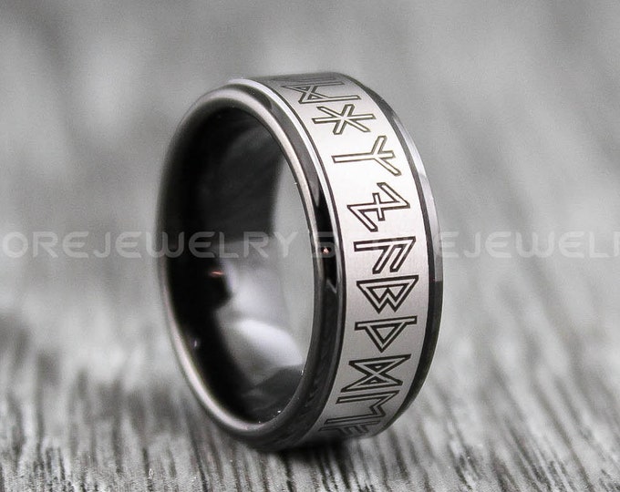 Viking Ring, Nordic Ring, Norsemen Ring, Nordic Runes Ring, 8mm Black Tungsten Band Customize Your Text in Nordic Rune Laser Engraved