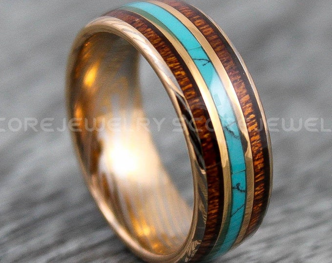Turquoise Ring, Damascus Steel Ring, Koa Wood Ring, Rose Gold Wedding Ring, 14K Rose Gold Wedding Band with Damascus Steele Pattern