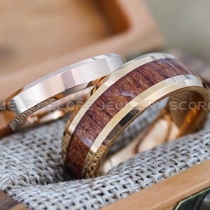Wood Rings, Wood Wedding Rings, 2 Piece Couple Set Rose Gold Tungsten Bands with Genuine Redwood Inlay, Rose Gold Tungsten Wedding Rings