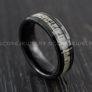 Deer Antler Ring, Antler Wedding Ring, 6mm Black Tungsten Band with Beveled Edge and Genuine Antler Inlay, Deer Antler Tungsten Wedding Ring