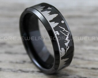 Forest Ring, Mountain Range Ring, Boreal Forest Ring, 8mm Black Tungsten Ring Fir Trees Ring, Outdoors Landscape Ring, Tungsten Wedding Ring