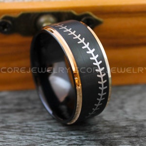 Baseball Ring, 10mm Black Tungsten Wedding Band, Black Tungsten Baseball Ring Rose Step Edge Baseball Stitch Pattern Ring, Baseball Jewelry