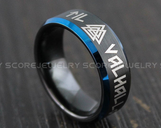Til Valhalla Ring, Til Valhalla Jewelry, Viking Ring, Black Tungsten Nordic Ring, Norsemen Ring, Nordic Runes Ring, Black Tungsten Band