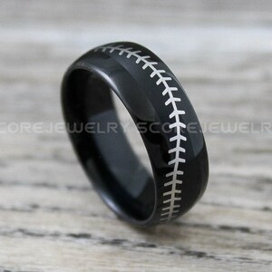 Baseball Ring, Baseball Jewelry, Baseball Wedding Ring, 8mm Black Tungsten Band with Domed Edge and Baseball Stitch Pattern, Baseball Band