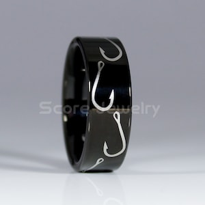 Visring, vishakenring, 8 mm zwarte wolfraamband met platte rand, jachtring, vishaakpatroonring, 8 mm wolfraam trouwring