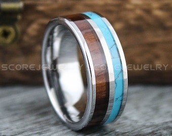 ターコイズリング、ターコイズ結婚指輪、木とターコイズのインレイ付き 8 mm シルバータングステンバンド、ターコイズ結婚指輪、ターコイズバンド