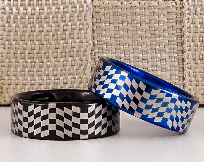 Checkered Flag Ring, Racing Ring, Black or Blue Tungsten Wedding Band, Blue Tungsten Ring, 2 Piece Set Tungsten Bands Checkered Flag Rings