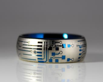 Circuit Ring, Gamer Ring, Teacher Ring, 8mm Blue Tungsten Band with Domed Edge Circuit Board Pattern Ring, 8mm Blue Tungsten Wedding Ring