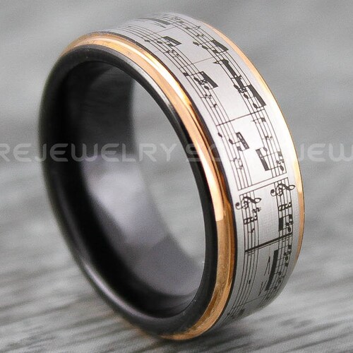 Music Ring Music Sheet Ring 8mm Black Tungsten Band With 14K Etsy