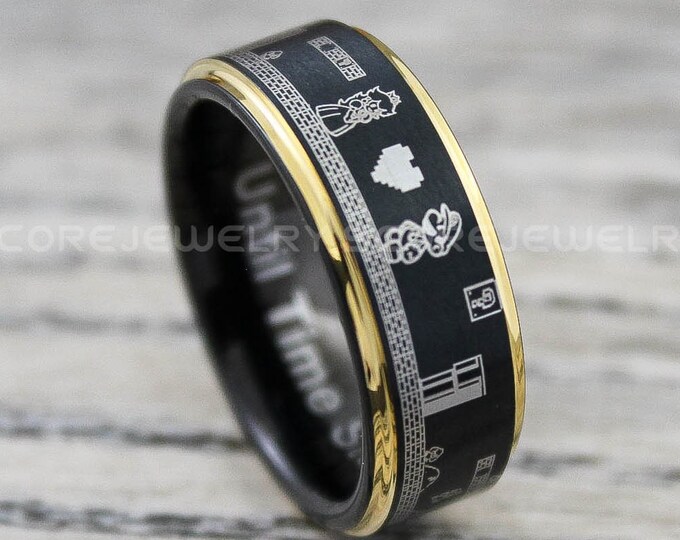 Gamer Ring, Gamer Wedding Ring, 8mm Black Tungsten Band with Yellow Gold Step Edge, 8mm Black Tungsten Wedding Ring, Black Wedding Band