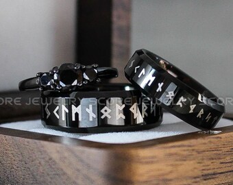 Til Valhalla Collection™, Viking Rings, Nordic Rings, Couple Wedding Bands, Norsemen Rings, Nordic Runes Ring, Vikings Black Tungsten Bands