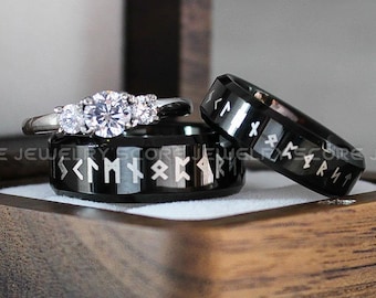 Til Valhalla Collection™, Viking Rings, Nordic Rings, Couple Wedding Bands, Norsemen Rings, Nordic Runes Ring, Vikings Black Tungsten Bands