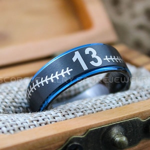 Baseball Ring, Baseball Jewelry, Baseball Wedding Band, Baseball Wedding Ring, Baseball Stitch Ring with Custom Number, Black Wedding Band