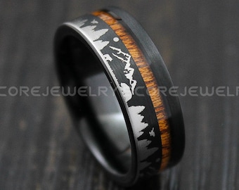 Forest Ring, Mountain Range Ring, Boreal Forest Ring, 8mm Black Tungsten Ring Fir Trees Ring, Outdoors Landscape Ring, Tungsten Wedding Ring