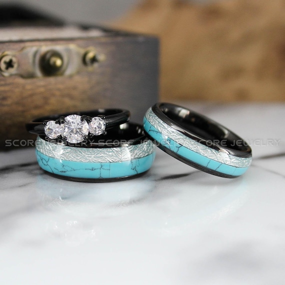 ターコイズリング、ターコイズ結婚指輪、隕石とターコイズインレイ付き