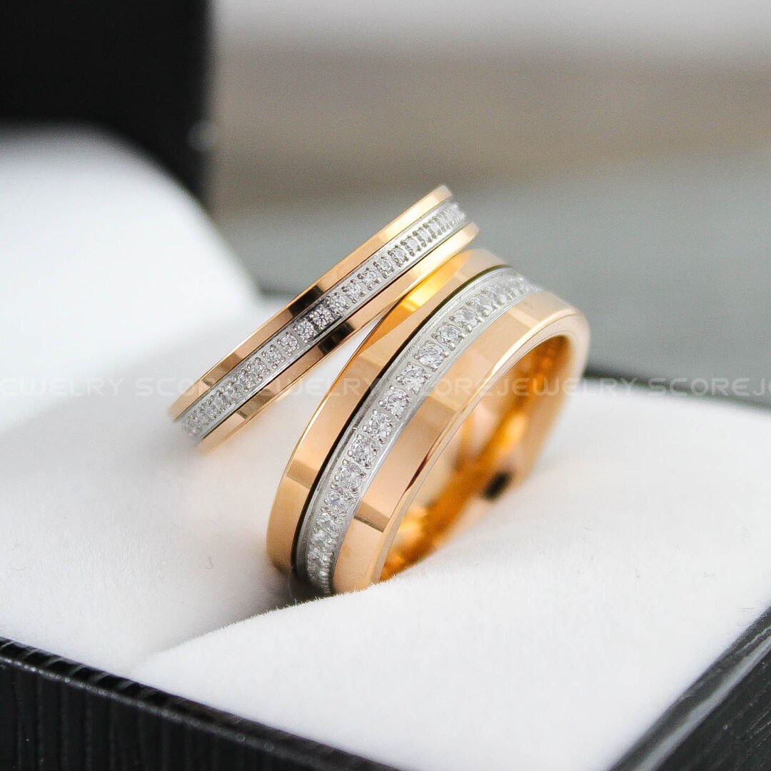 Rose Gold Wedding Ring 8mm and 4mm 14K Rose Gold Tungsten - Etsy