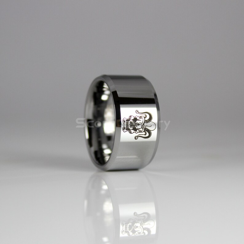 12mm Tungsten Band with Beveled Edge Joker Skull Design Ring 12mm Tungsten Ring