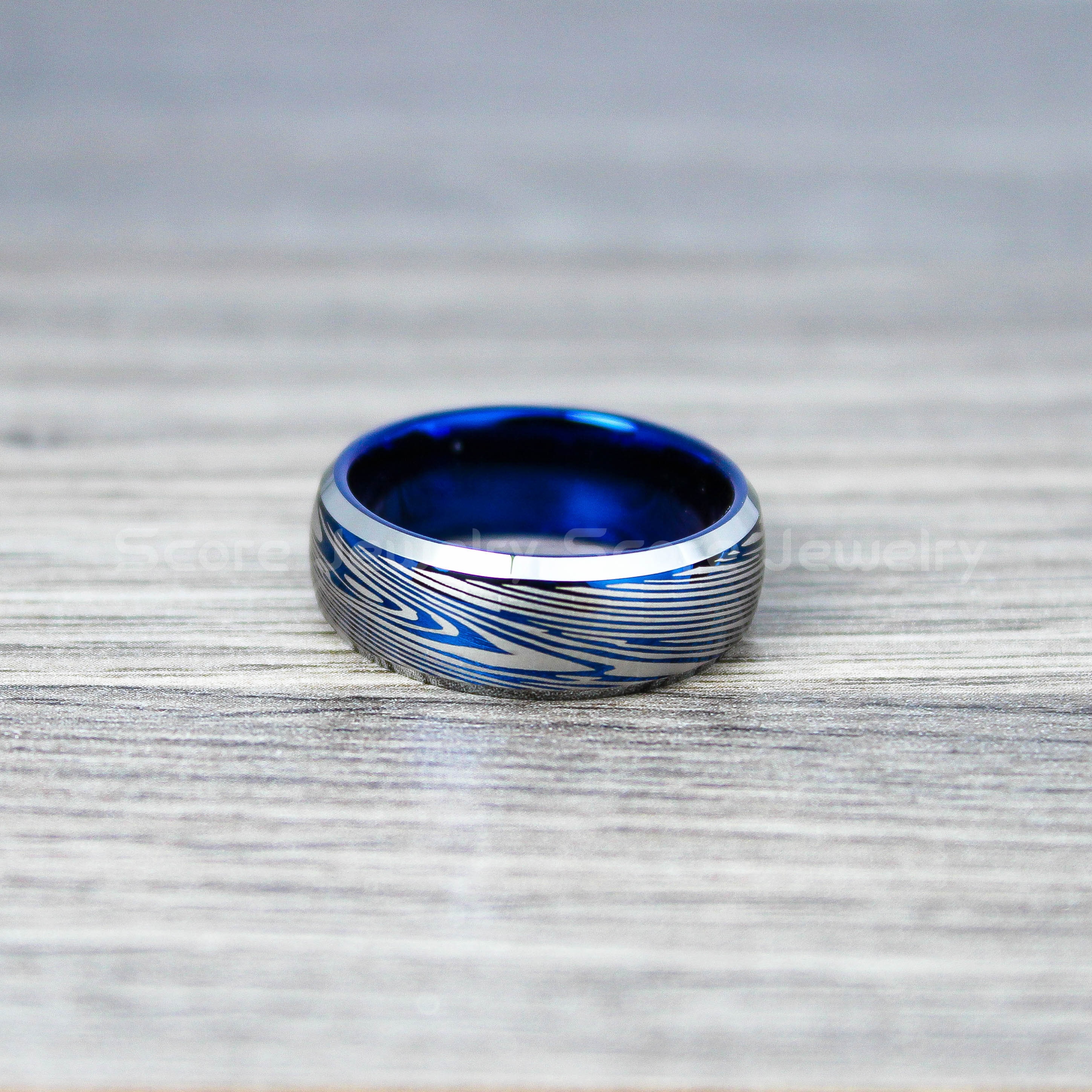 Damascus Steel Ring 8mm Blue Tungsten Band with Domed Silver Etsy