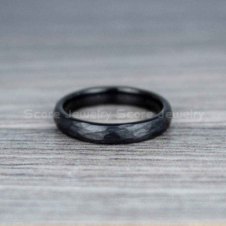 FREE SHIPPING Custom Engraved 4mm Black Tungsten Band Matte Hammered Finish Tungsten Ring Black Tungsten Wedding Ring Black Hammered Ring