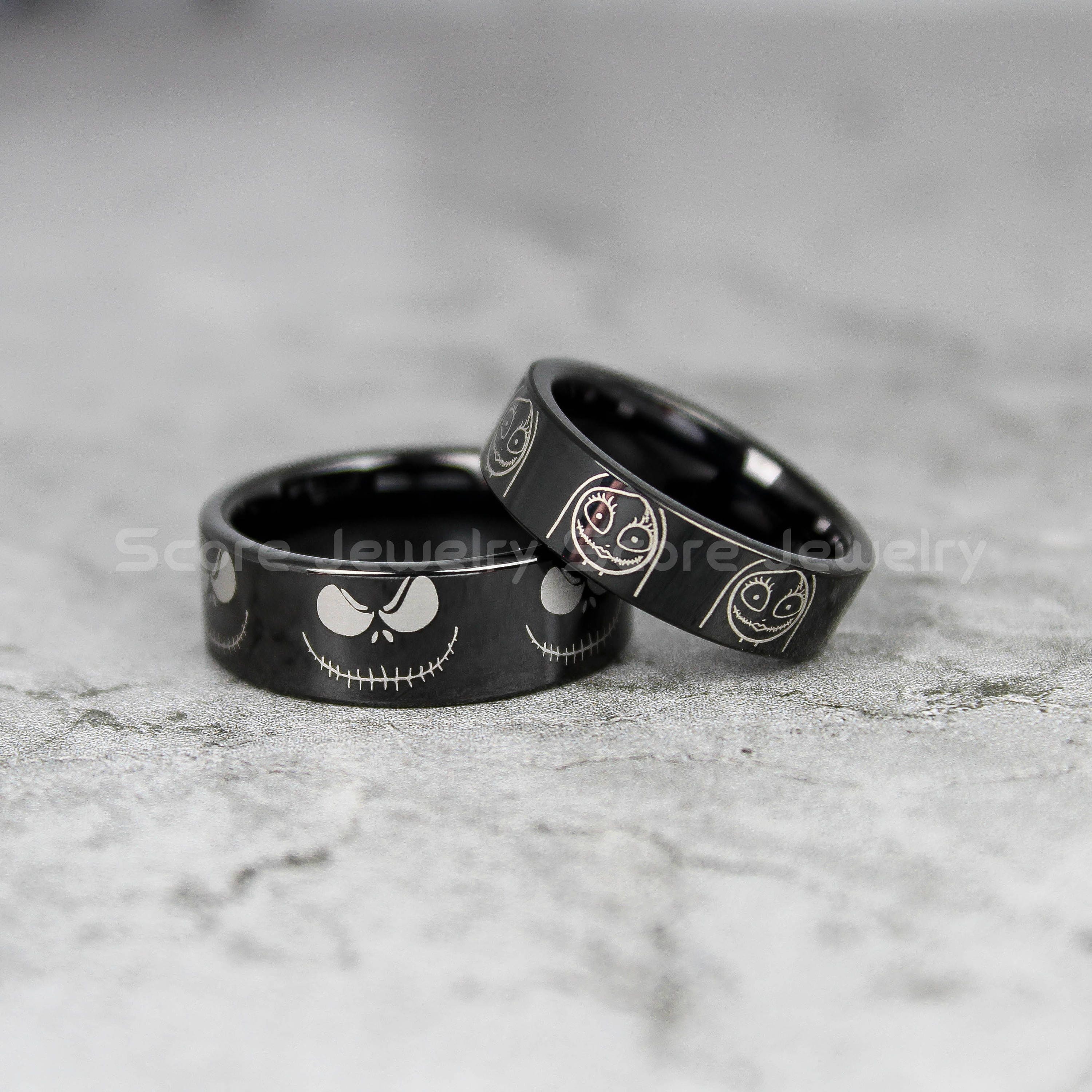 Jack and Sally Rings 2 Piece Couple Set Black Tungsten Bands Etsy