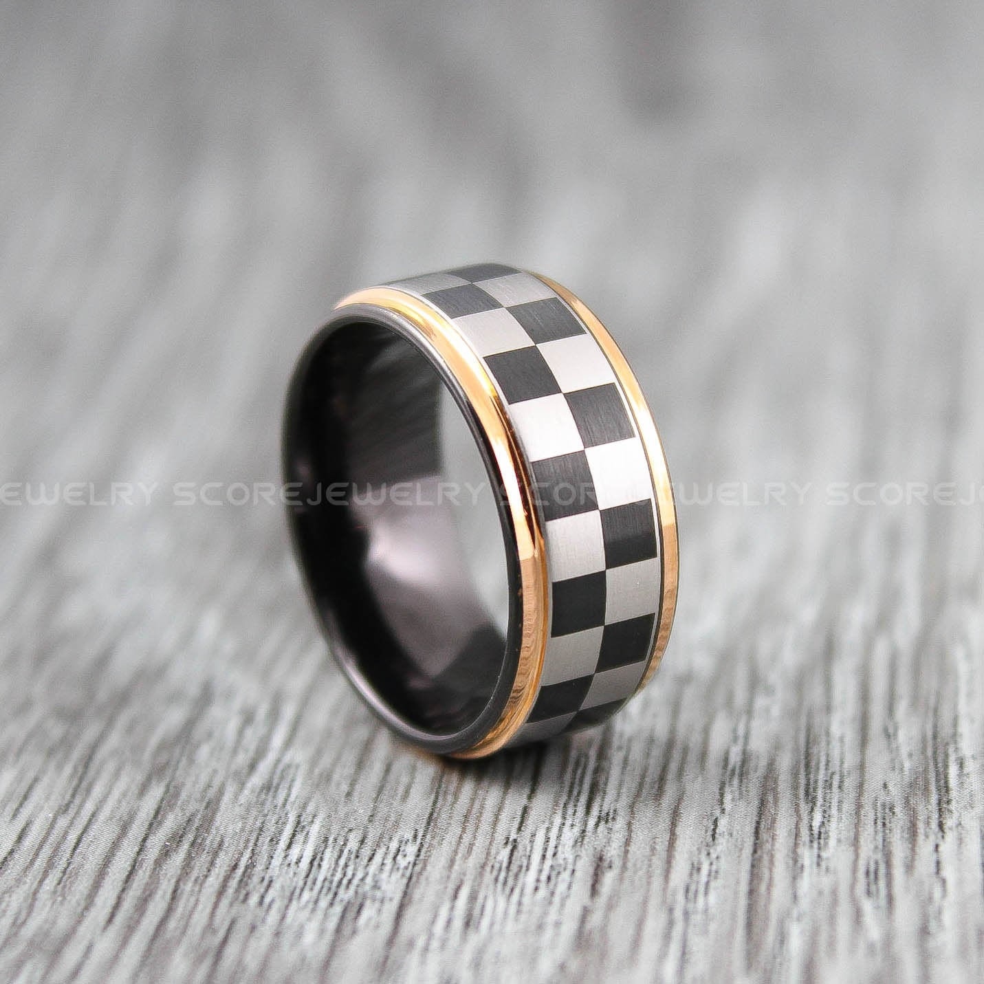 Checkered Flag Ring, Racing Ring, 10mm Black Tungsten Wedding Band
