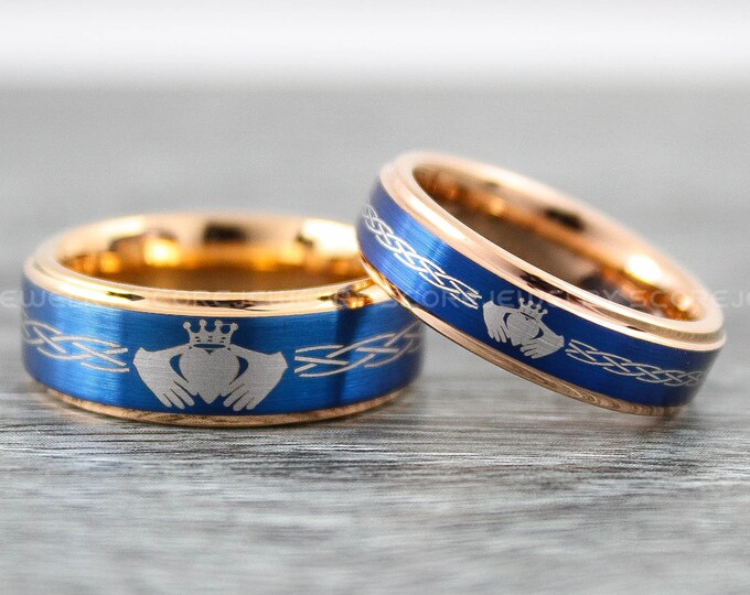 Claddagh Rings, Irish Wedding Rings, 2 Piece Couple Set 8mm & 6mm Rose Gold Tungsten Wedding Bands Irish Claddagh Wedding Rings Celtic Rings