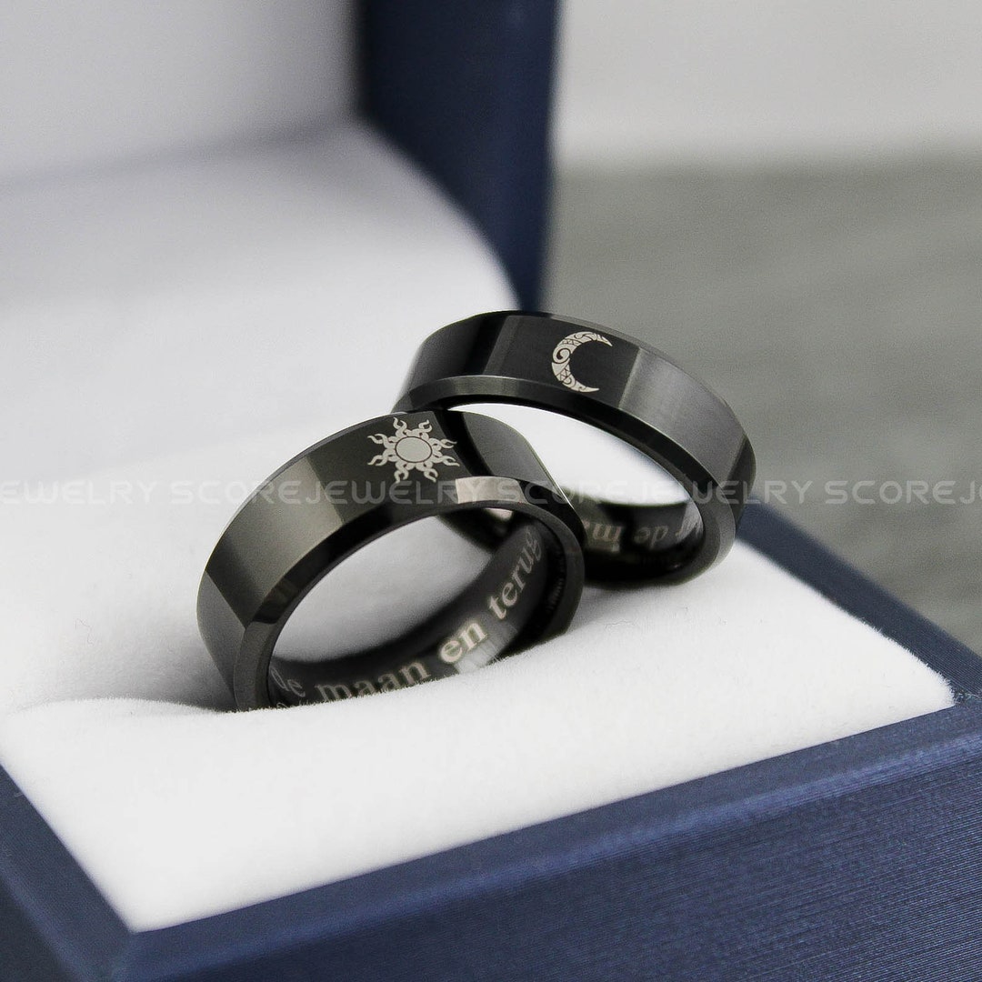 Sun and Moon Rings, 2 Piece Couple Set Tungsten Bands With Beveled