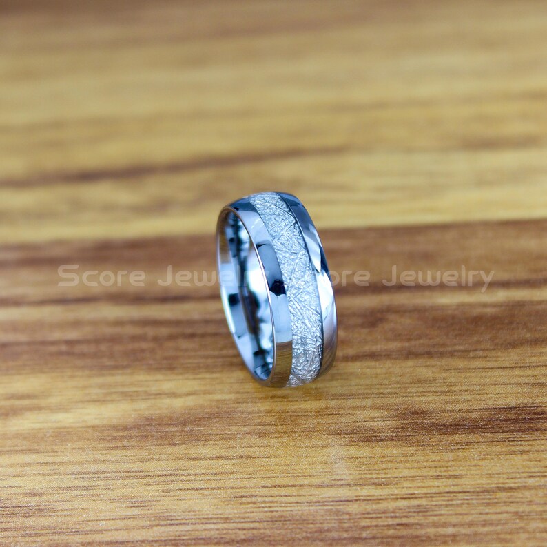 FREE SHIPPING Custom Engraved 8mm Silver Tungsten Meteorite Wedding Band Tungsten Meteorite Ring with Imitation Meteorite Texture Inlay