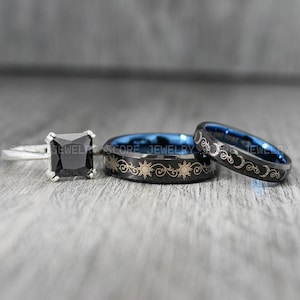 Anillos de sol y luna, anillos de boda de sol y luna, juego de 3 piezas para parejas, anillos de boda para parejas, alianzas de boda para parejas, anillos a juego, anillos para parejas