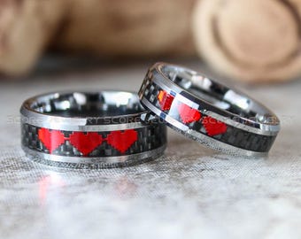 8 Bit Heart Rings, Silver Tungsten Wedding Bands, Silver Wedding Bands, Matching Wedding Rings, Silver Wedding Rings, Red Wedding Bands