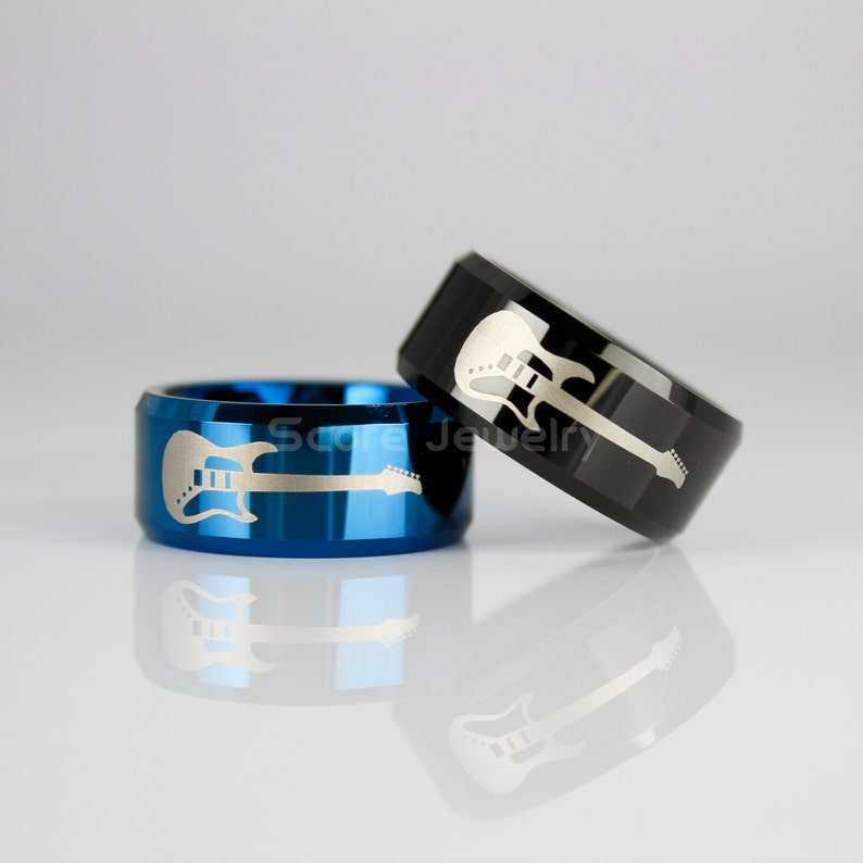 10mm Tungsten Ring 10mm Tungsten Band with Beveled Edge Electric Guitar Logo Ring