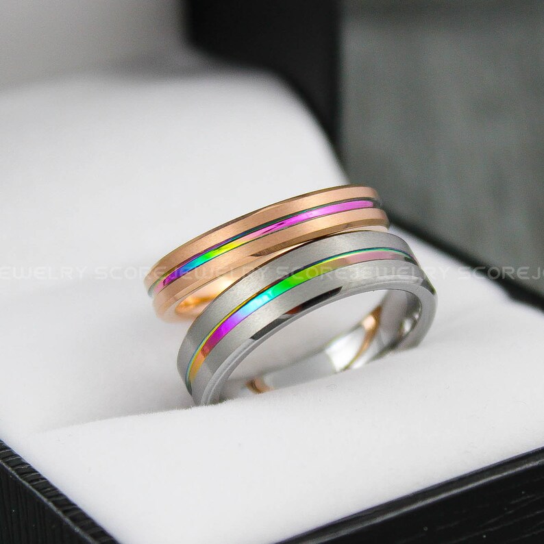 Rainbow Rings Rainbow Wedding Rings 2 Piece Couple Set Etsy
