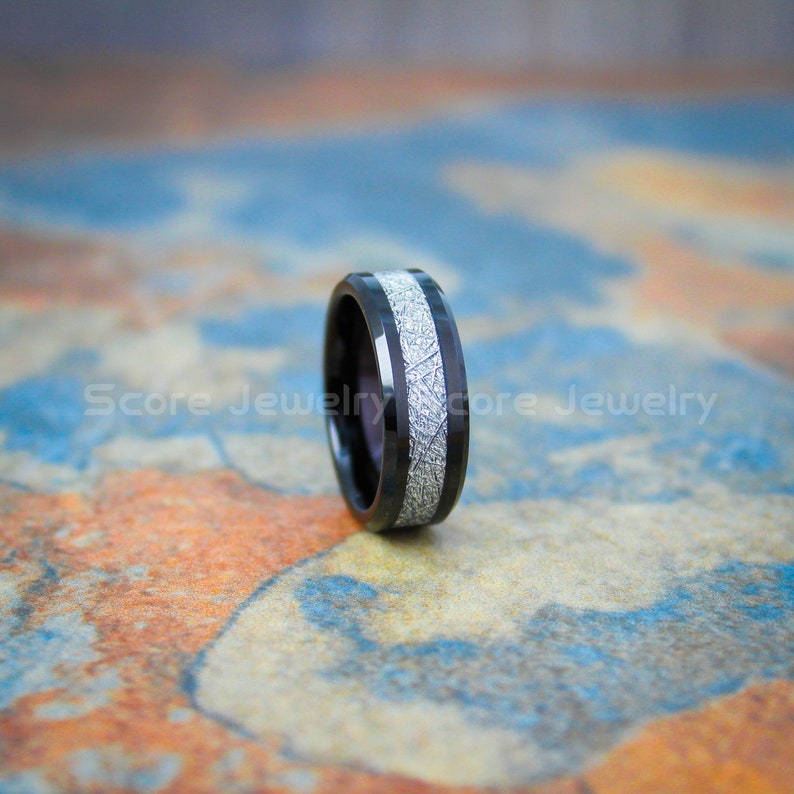 CUSTOM Engraved 8mm Black Tungsten Meteorite Wedding Band Black AAA CZ Stone Tungsten Meteorite Ring with Imitation Meteorite Texture Inlay