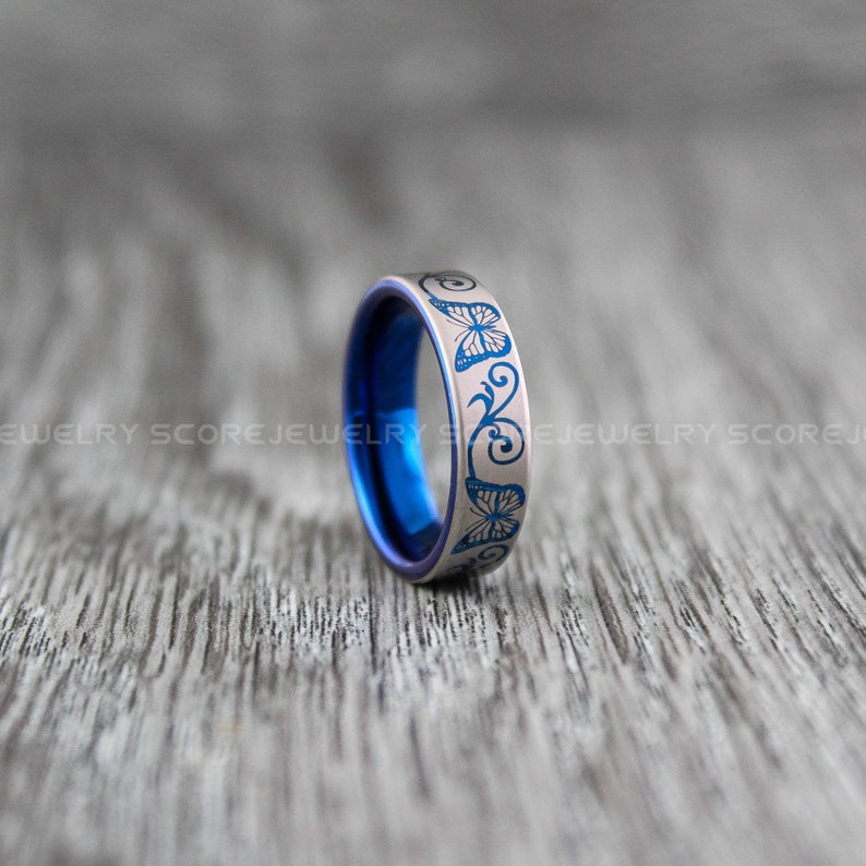 Butterfly Ring Butterfly Jewelry Butterfly Wedding Band 6mm Blue Tungsten Band with Flat Edge Floral Butterfly Pattern Blue Wedding Ring