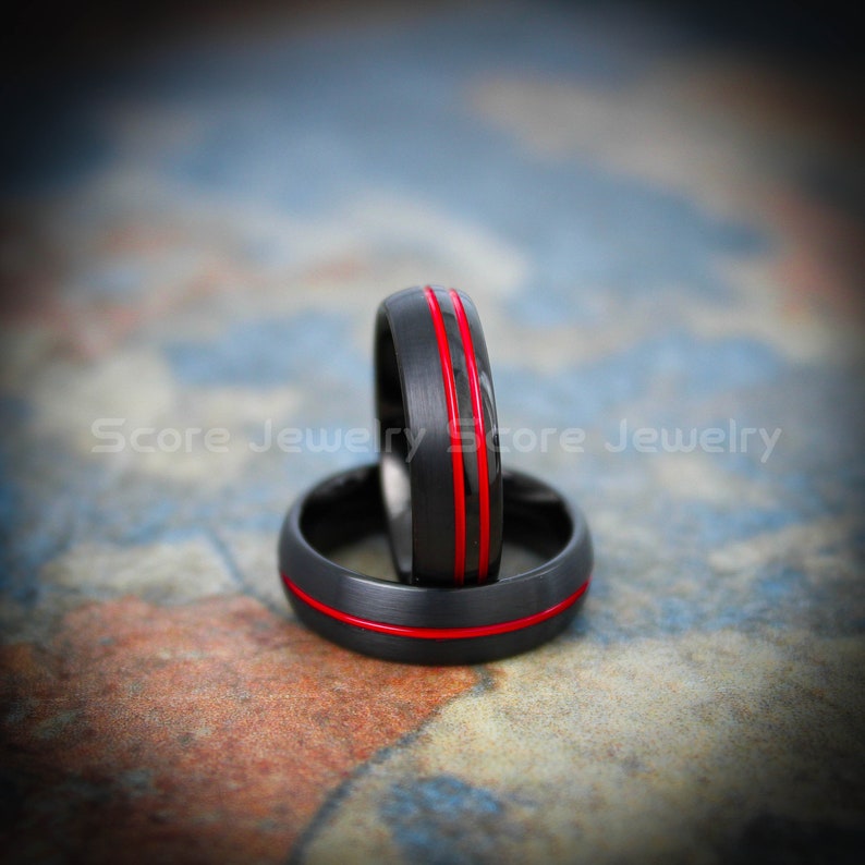FREE SHIPPING CUSTOM Engraved 2 Piece Couple Set Black Tungsten Band with Domed Edge Red Center Grooves Brushed Finish Tungsten Wedding Band