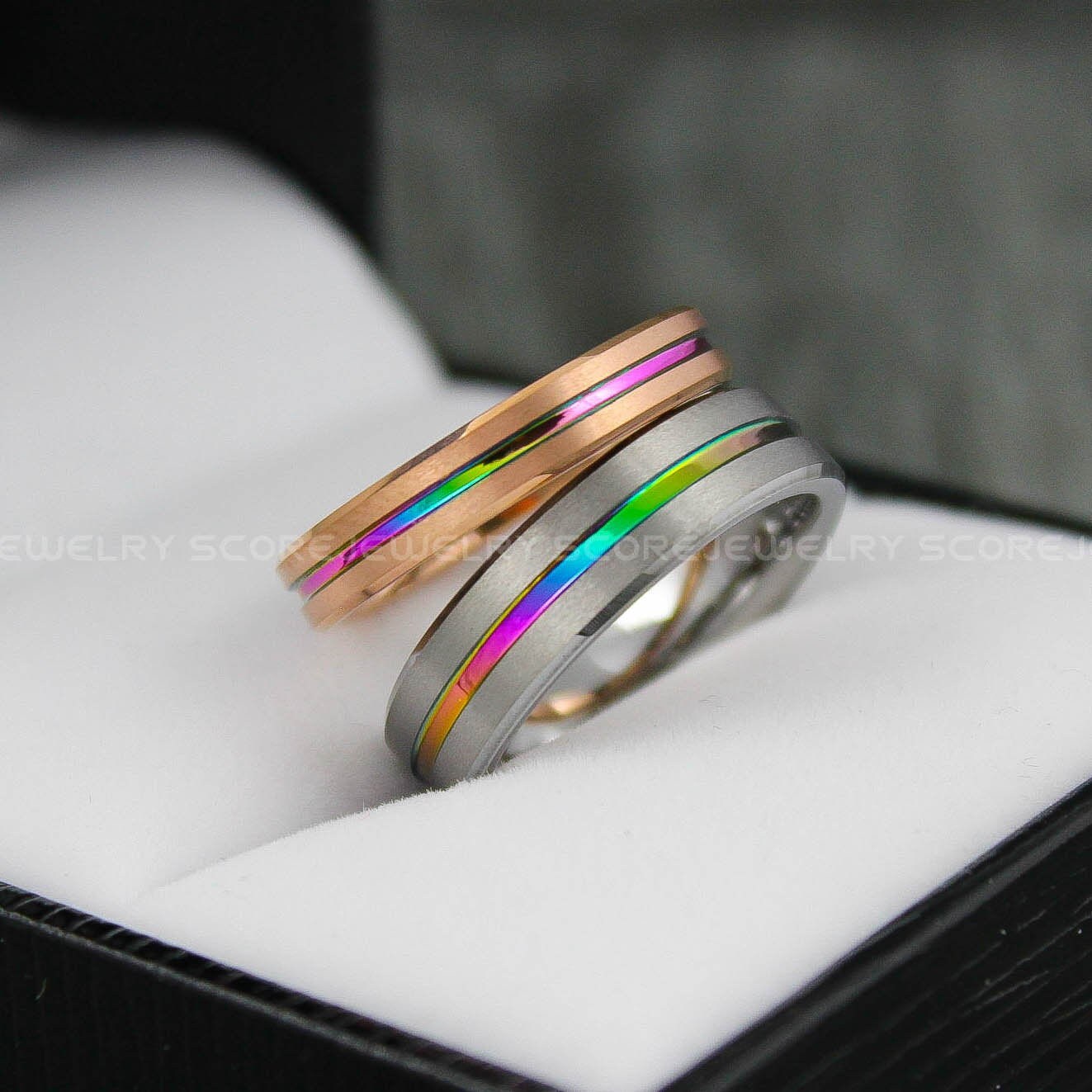 Rainbow Rings Rainbow Wedding Rings 2 Piece Couple Set Etsy