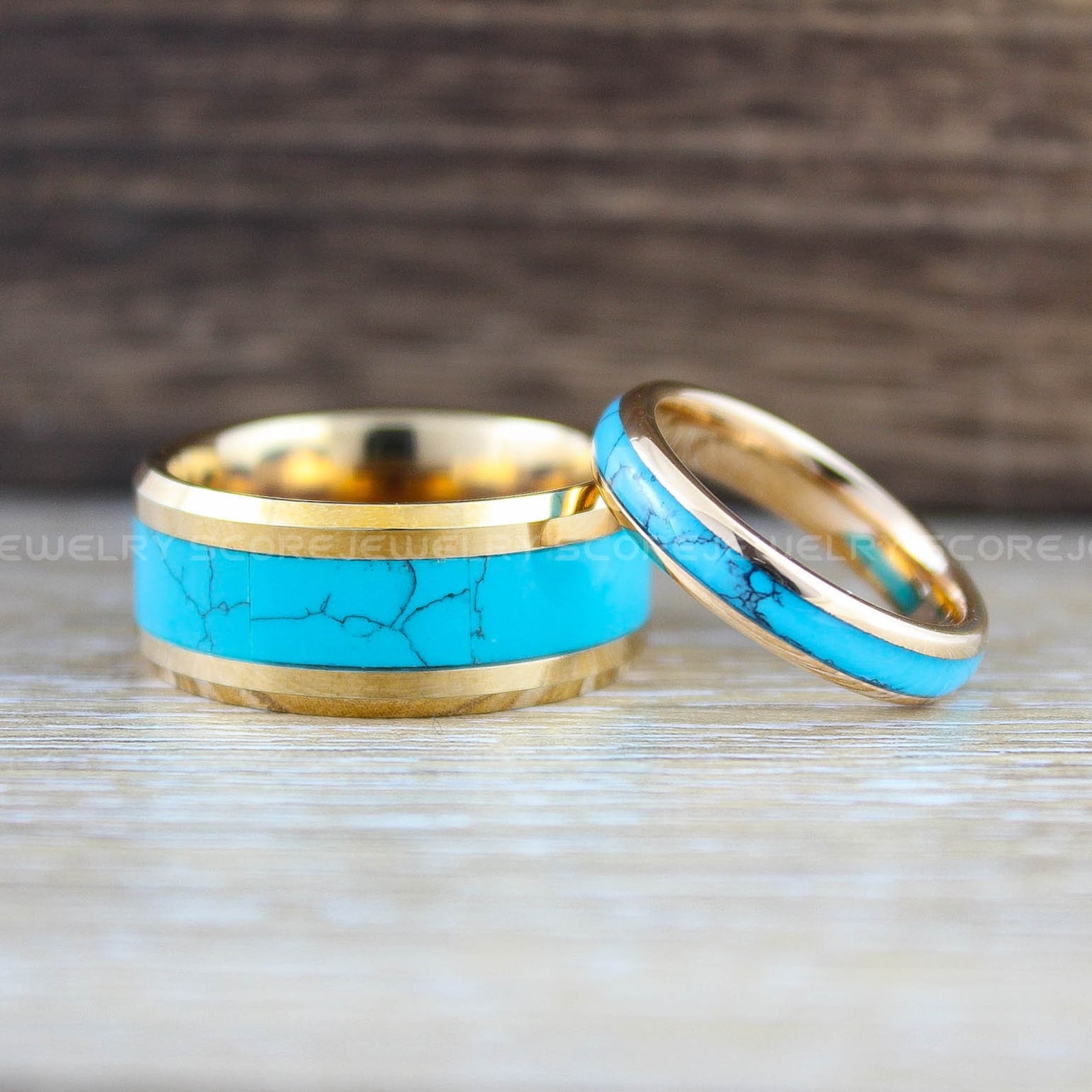 Turquoise Rings, Turquoise Wedding Bands, 14K Rose Gold Tungsten Bands