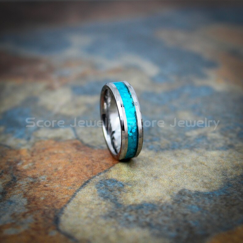 FREE Shipping Custom Engravd 6mm Silver Tungsten Band with Imitation Blue Opal Inlay and Damascus Steel Pattern Laser Engraved Tungsten Ring