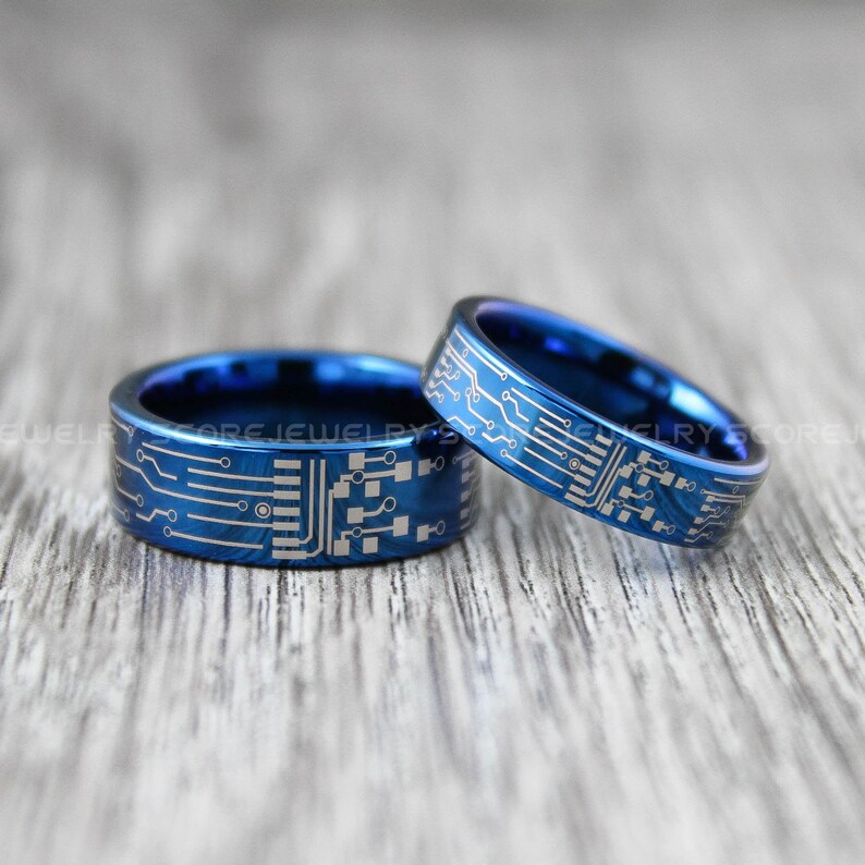 Circuit Board hotsell Rings, Gamer Rings, 2 Piece Couple Set Blue Tungsten Bands Circuit Board Pattern Rings, Blue Tungsten Wedding Rings, Blue Ring