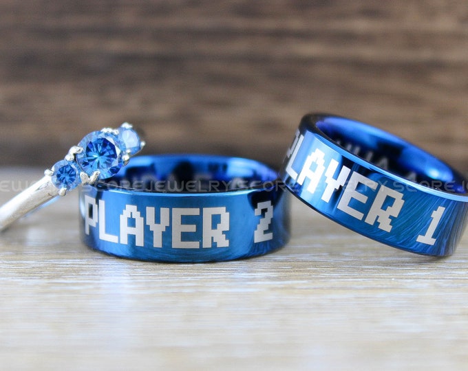 Gamer Rings, Player 1 Player 2 Rings, 2 Piece Couple Set Blue Tungsten Bands with Flat Edge Player 1 Player 2 8mm Tungsten Wedding Rings