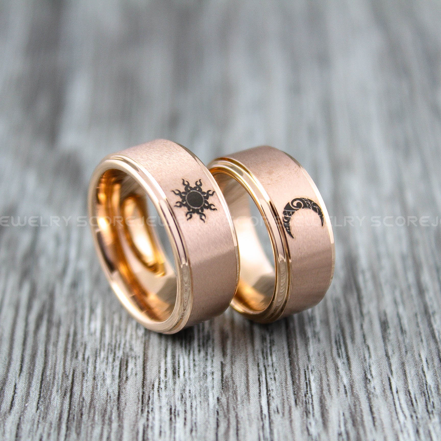 Sun and Moon Rings, 2 Piece Couple Set 14K Rose Gold Tungsten