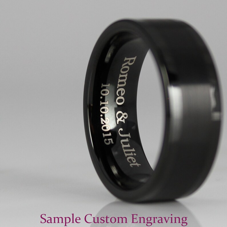 FREE SHIPPING Custom Engraved 8mm Black Tungsten Band Beveled Edge Turquoise Inlay and Damascus Steel Pattern Laser Engraved Turquoise Ring