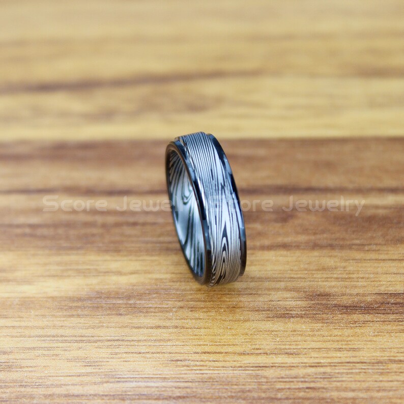 Damascus Steel Ring 6mm Black Tungsten Band With Step Edge Etsy
