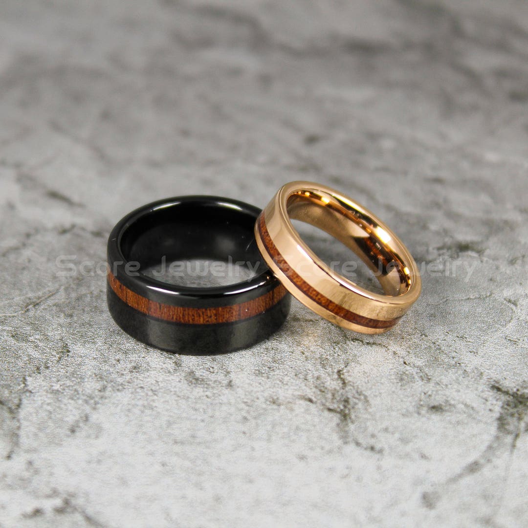 Wood Wedding Ring 2 Piece Couple Set Tungsten Wedding Bands Etsy