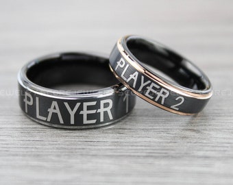 Player 1 Player 2 Rings, Gamer Ring, Gamer Wedding Bands, Couple Ring Set, Player 1 Ring, Player 2 Ring, Black Wedding Band, Gamer Rings